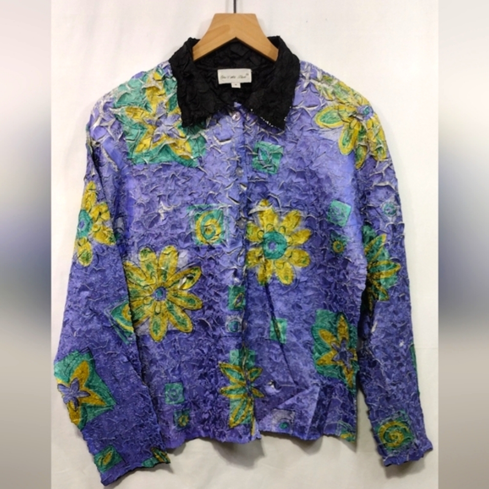Vintage She's All That Floral Crinkle Button Shirt Womens M Purple Yellow Retro